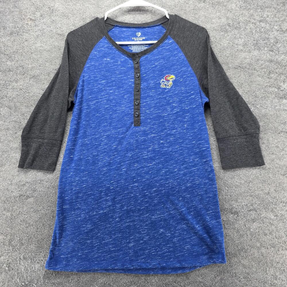 Kansas Jayhawks Shirt Womens Large Blue NCAA Basketball Colosseum Henley 3/4